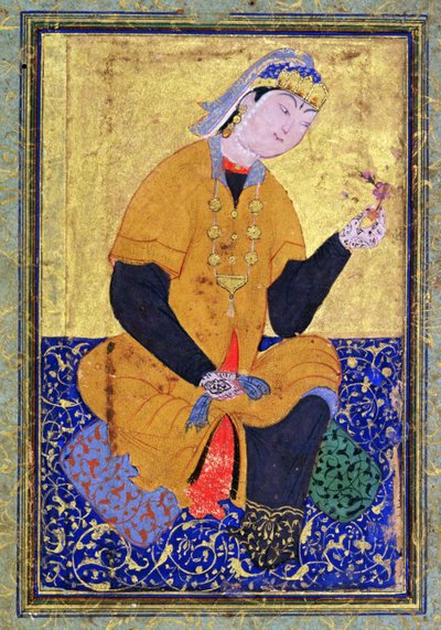 ミラアリのアンソロジー、1550年からシールを保持しているハミダバヌベガムのイラスト入りフォリオ 作： Persian School