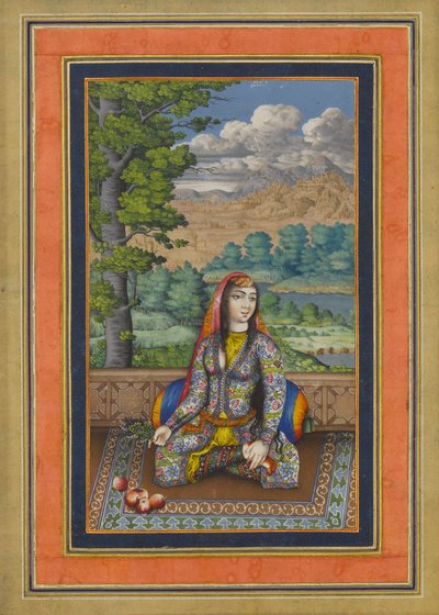 ペルシャの女性の肖像画、デイビスアルバムのフォリオ、1736-37年頃（インク、不透明の水彩画、紙に金） 作： Persian School