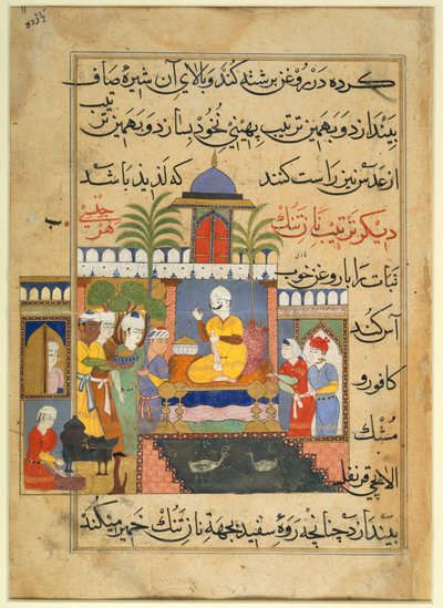 王の宮廷での贈呈（『ニーマトナマ・イ・ナスィール・アル＝ディン・シャー』f.11より、1495-1505年頃（写本） 作： Persian School