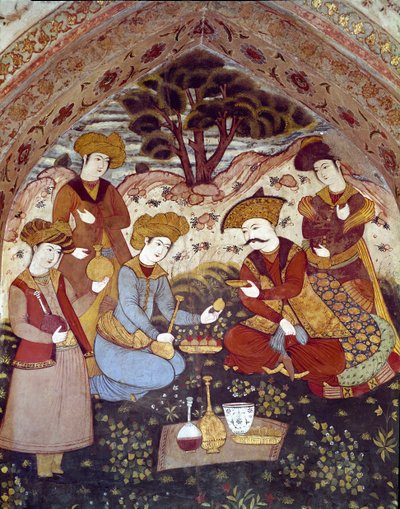 アッバース1世が花魁に仕えている様子（フレスコ画の詳細 作： Persian School