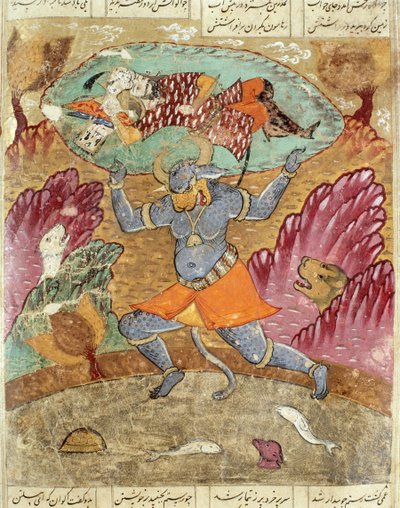 Akwan-Diwaによって運ばれたRostam、Abul-Qasim Manur Firdawsi（c.934-c.1020）1619によるShahnama（Book of Kings）のイラスト 作： Persian School