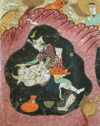 ロスタムが洞窟で白鬼を殺した、アブルカシムマヌールフィルダウシ（c.934-c.1020）1615によるShahnama（Book of Kings）のイラスト 作： Persian School