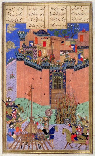 Rustam監督ガンビヒシュトの包囲、Shahnama（Book of Kings）のイラスト、Abul-Qasim Manur Firdawsi（c.934-c.1020）c.1440-45（pen、ink＆WC on vellum） 作： Persian School