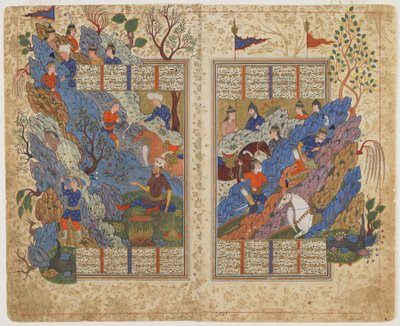 Rustamは、Shahnama（Book of kings）、c.1590-1600（インク、不透明な水彩画、紙に金）からBahmanが転がした岩を蹴り返します。 作： Persian School
