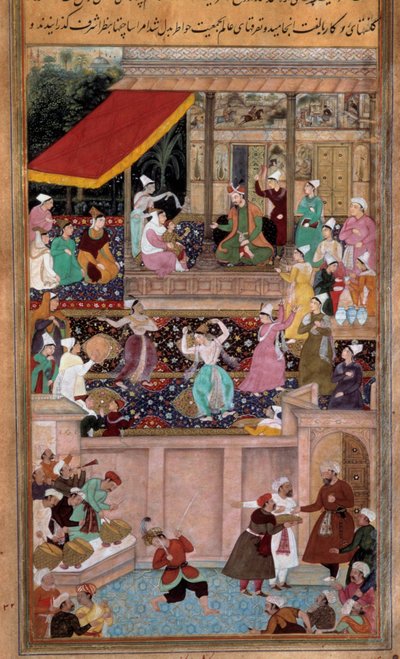 スルタンの宮廷でのダンス、音楽、娯楽のシーン。ペルシャの細密画 作： Persian School