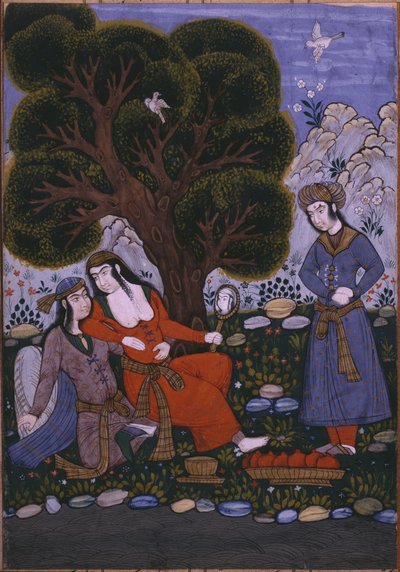 庭のカップルに果物をもたらすしもべ 作： Persian School