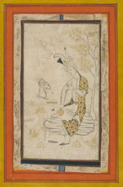 Shah Tahmasp私は岩の上に座った、サファヴィー朝（紙にインクと金） 作： Persian School