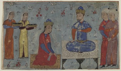 サムの前のシンドゥクト（不透明な水彩、インク、紙に金） 作： Persian School