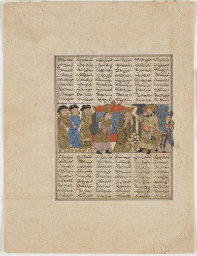 フィダウシ（d.1020）によるShahnama（Book of Kings）からのSiyavushに対する非難のスダバ（紙に不透明な水彩、インク、金、銀） 作： Persian School