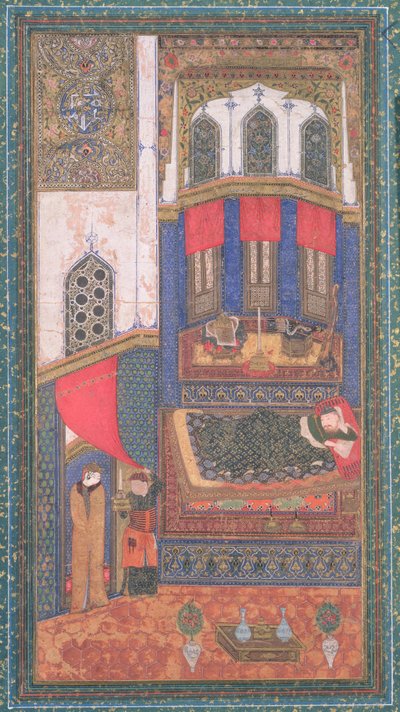 タフミナは、アシュル・カシム・マヌール・フィルダウシ（c.934-c.1020）、シャフナマ（王の書）のイラスト、ルスタムスの部屋に入る、アフガニスタンのヘラート、c.1410（不透明なトイレと紙に金） 作： Persian School