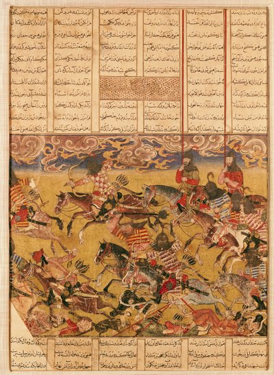 アブラル・カシム・マヌール・フィルダウシ（c.934-c.1020）による「Shahnama（Book of Kings）」のイラストによるファラモウズの騎士団の突撃（ガッシュ紙） 作： Persian School