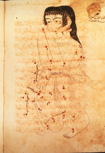 アゾフィ（Abd al-Rahman al-Sufi）の「固定星の書」からのおとめ座の挿絵（ベラム）。 作： Persian School