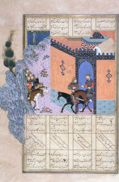 クバードの脱出、シャフナーマ（王の書）のイラスト、Abul-Qasim Manur Firdawsi（c.934-c.1020）c.1440-45（ペン、インク、ベラムのインク） 作： Persian School