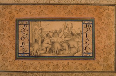 放蕩息子、c.1600（紙に不透明なトイレとインク） 作： Persian School