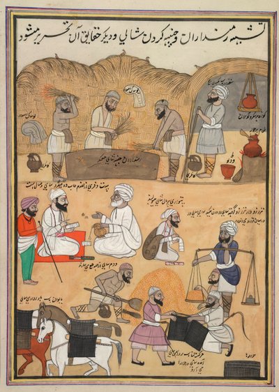 籾を脱穀し、重さを量り、鞍袋に詰める 作： Persian School