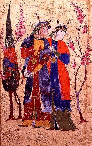 庭の風景の中の二人の王女（ボカラ派のトファット・アル・アハラより 作： Persian School