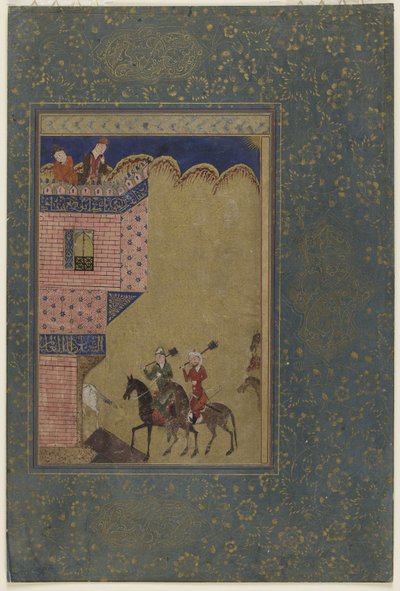 城に近づくメイスを運ぶ2人のライダー、c.1417-18 作： Persian School