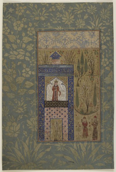 窓際の王女の前の2人の若者、c.1417-18（不透明な水彩画と紙に金） 作： Persian School