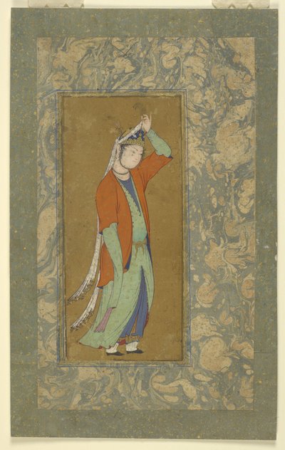 女性は彼女のアイグレットを調整する、1590年頃 作： Persian School