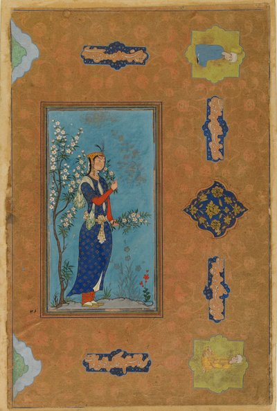 花のしぶきを持つ女性、サファヴィー朝、1575年頃（紙と紙と金） 作： Persian School