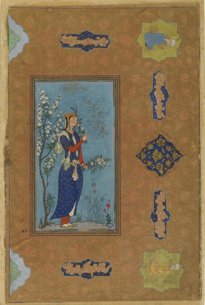 花束を持つ女」1575年頃（不透明水彩・金・紙 作： Persian School