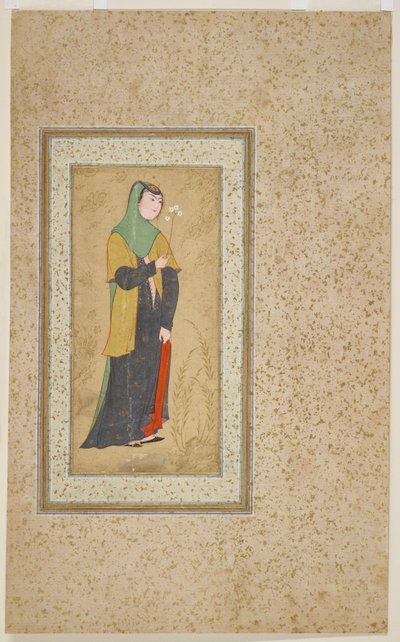 花のスプレーを持つ女性、c.1595 作： Persian School