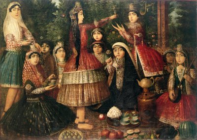 庭の女性と子供たち、19世紀 作： Persian School