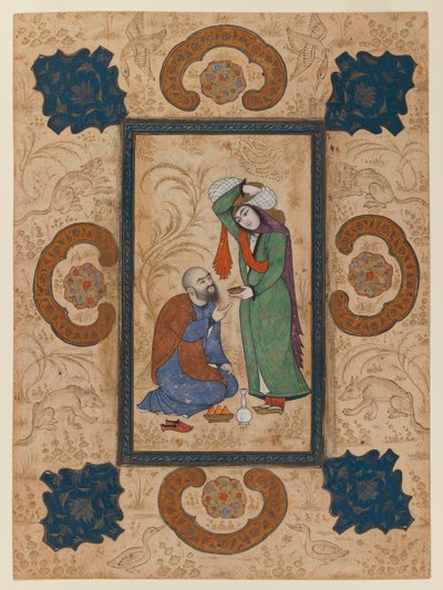 セージにワインを提供している若い女性（紙にインクと不透明なトイレ） 作： Persian School
