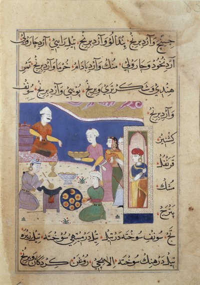 f.83v インド料理の写本からの、マンドゥのスルタンのためのお菓子の準備 (ベラム) 作： Persian School