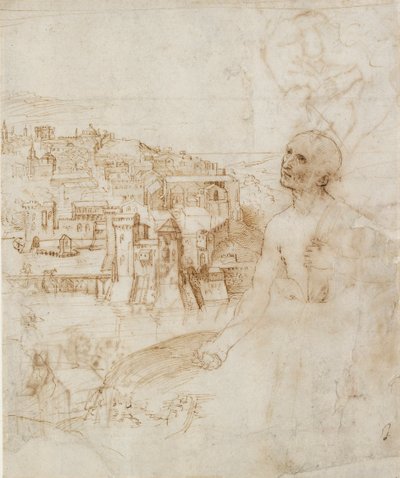 ペルージャの街の眺め、前景に悔い改めている聖ジェローム、1500-1504 作： Perugino