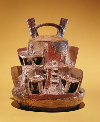 アンデス（陶器）に囲まれた家々を描いた陶器 作： Peruvian School