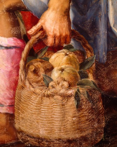 果物のバスケット、Peter Candid (1548-1628) による Adoration of Shepherds の詳細、パネルに油彩、248x162 cm 作： Peter (1548 1628) Candid