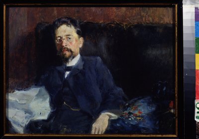 作家アントン・チェーホフ (1860-1904) の肖像 (作者 A. チェーホフの肖像)。 Pyotr Alexandrovich Nilus (Pierre Nilous) (Nilous) (1869-1940/1943) による絵画、キャンバスに油彩 作： Peter Alexandrovich Nilus