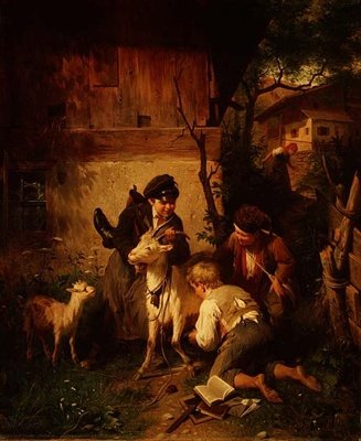 ヤギと遊ぶ少年たち 作： Peter Baumgartner