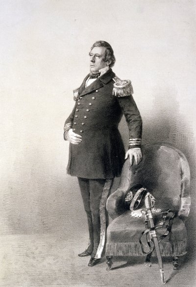 P.ハースによって彫刻された「日本探検隊のグラフィックシーン」のマシューカルブレイスペリー将軍（1794-1858）が1856年に公開（写真グラビア） 作： ペーター・ベルンハルト・ヴィルヘルム・ハイネ