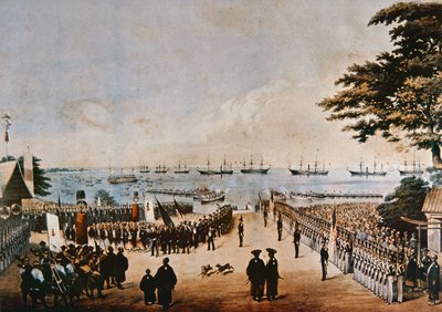 1854年3月8日、ペリー提督が日本に上陸し、横浜で帝国委員会と会見 作： ペーター・ベルンハルト・ヴィルヘルム・ハイネ