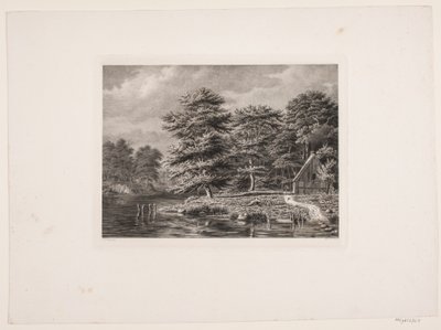 樹木が茂った堤防の間の川 作： Peter Christian Schøler