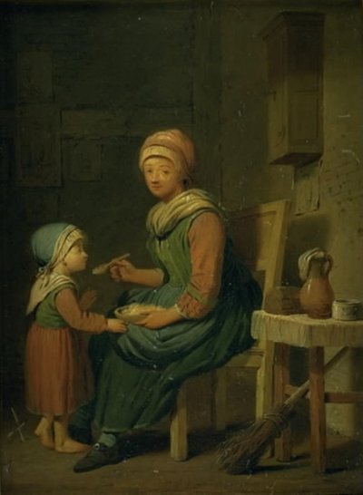 娘に何か食べさせる農家の妻 作： Peter Cramer