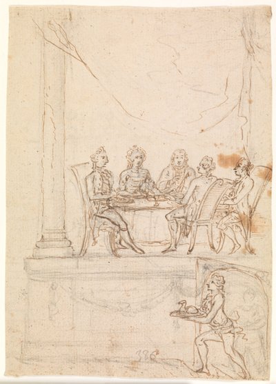 1771 年 9 月 29 日、ヒルシュホルム城でテーブルに座る王室 作： Peter Cramer