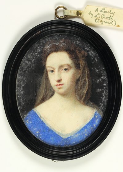 青いボディスに茶色のフードをつけた女性（水彩・ベラム 作： Peter Cross