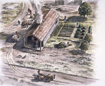工業用建物、リブチェスター ローマン フォート、ランカシャー、2 世紀、1996 年 作： Peter Dunn
