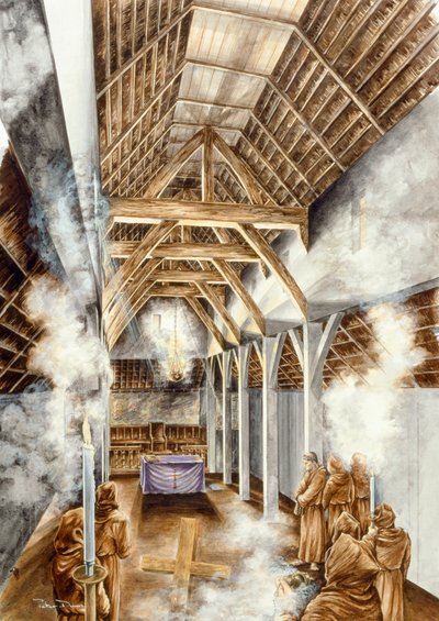 リンディスファーン修道院、c652AD、c1990-2010 作： Peter Dunn