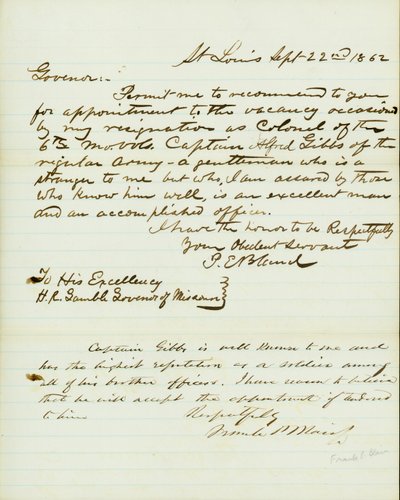 1862年9月22日、ミズーリ州知事H.R.ギャンブル宛、セントルイスのP.E.ブランドの署名入り書簡 作： Peter E. Bland