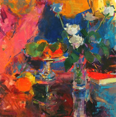 白い薔薇のある静物画 作： Peter Graham (Contemporary)