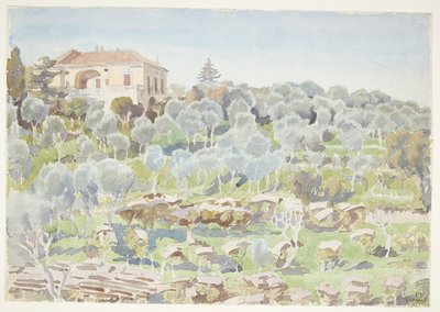 オリーブの木と別荘のある山腹 作： Peter Hansen