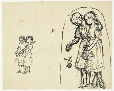 花を散らす二人の少女。 同じページに 2 つの下書き 作： Peter Hansen
