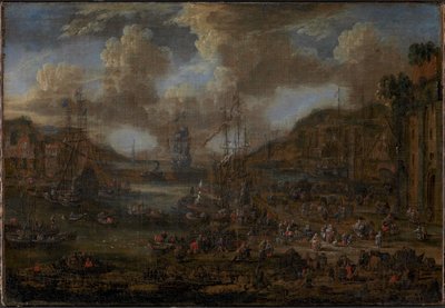 岸辺に人影の多い南港 作： Peter II Casteels
