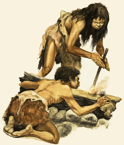 石器時代の母と子が火を起こす 作： Peter Jackson