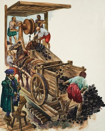 坑夫が荷車に石炭を積み、他の坑夫がさらに石炭を地上に積み上げる。 作： ピータージャクソン