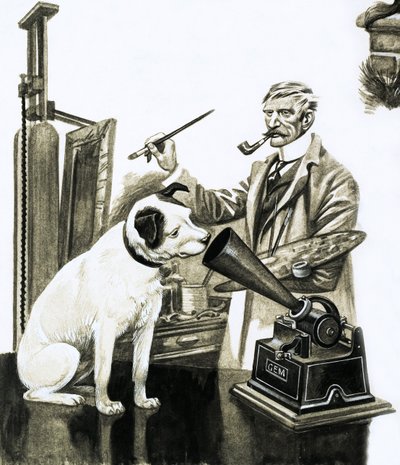 グラマフォンで聞いている犬を描くアーティスト 作： Peter Jackson